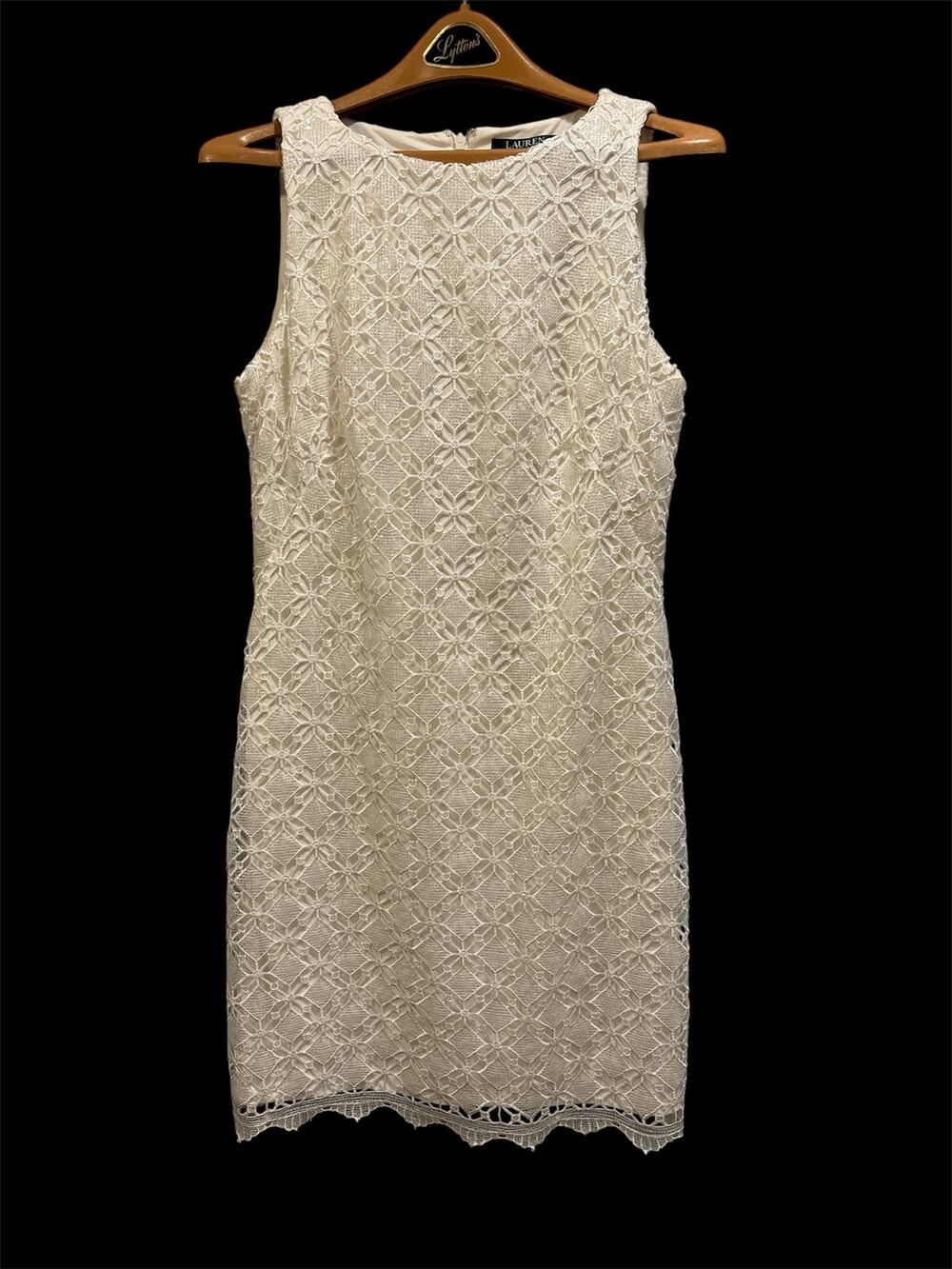 Lauren Ralph Lauren women’s size 10 white sleeveless sheath dress, sequins lace